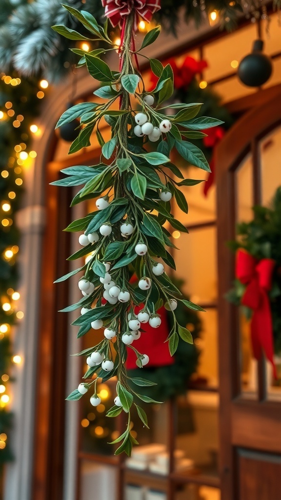 Mistletoe hanging from a doorway, decorated with lights for Christmas.